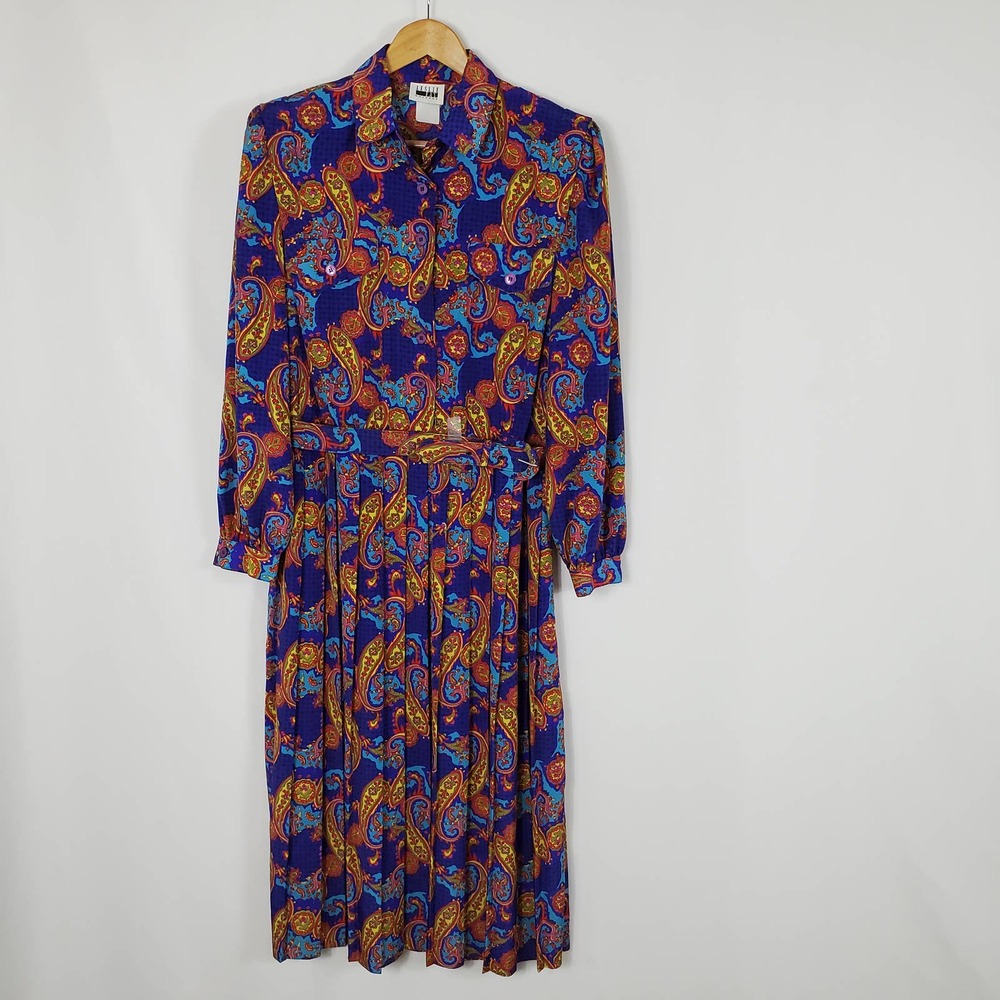 Vintage Leslie Fay Multicolored Paisley Button Down Pleated Midi Dress Size 14